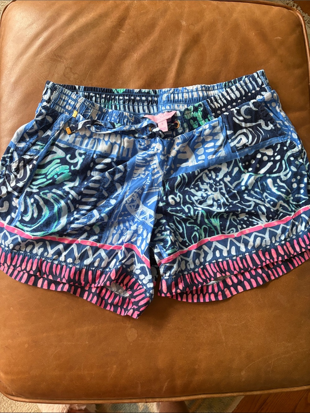 Lilly Pulitzer Navy Blue Patterned Athletic Shorts with Pink Trim